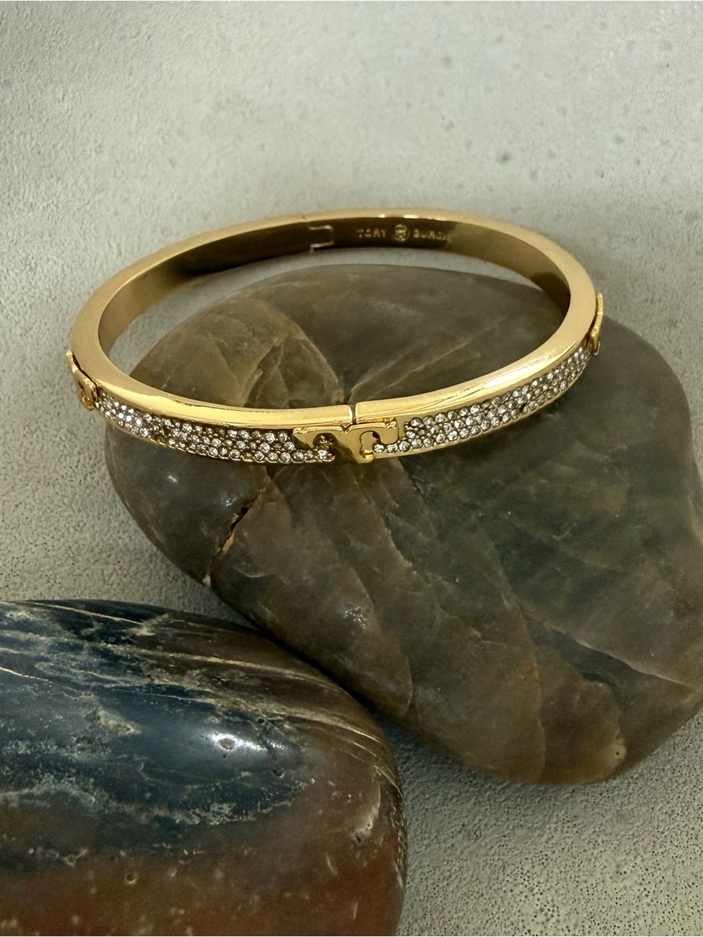 Tory Burch Gold Tone Pavé Crystal Hinged Bangle Bracelet
